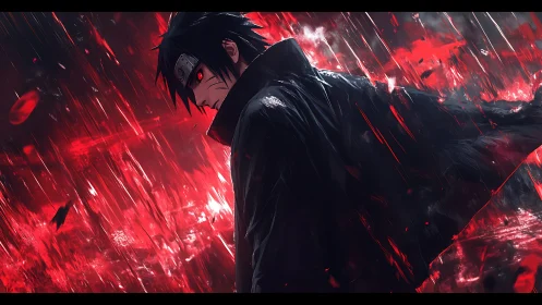 Stormlit rogue shinobi in crimson rainfire twilight.