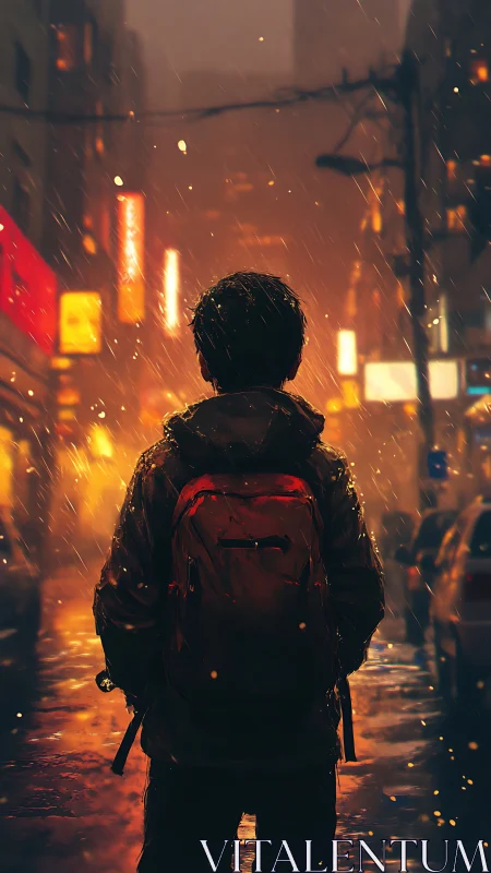 Rain-soaked wanderer glowing in neon city night streets.