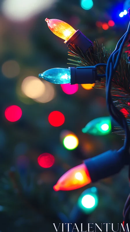 Colorful Christmas string lights glow against soft bokeh