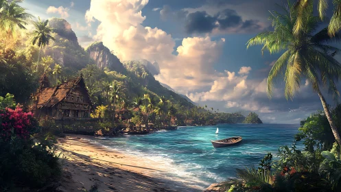 Tropical Coastal Landscape with Ancient Temple.