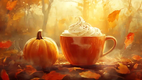 Autumnal pumpkin latte rendered with warm bokeh lighting and mist