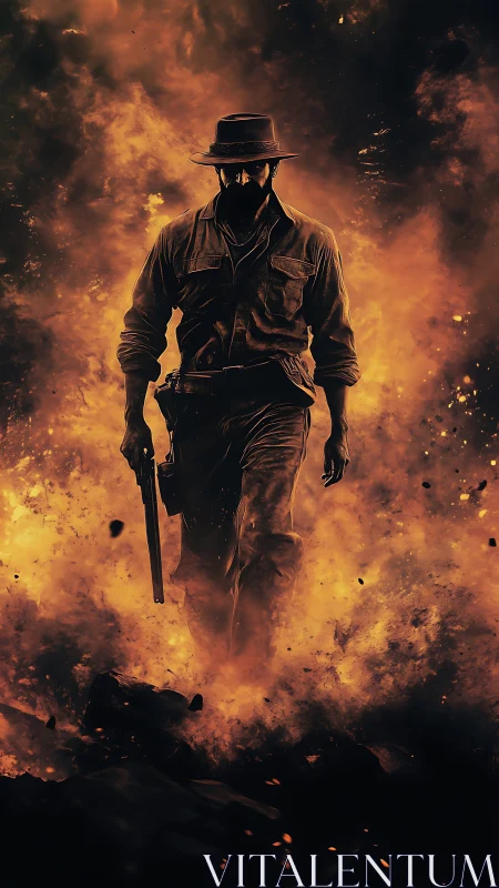 Lone gunslinger strides through roaring inferno with resolve