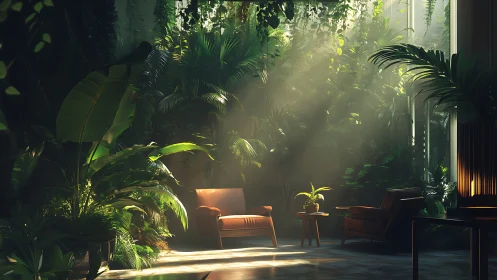 Sunlit indoor lounge surrounded by dense tropical foliage