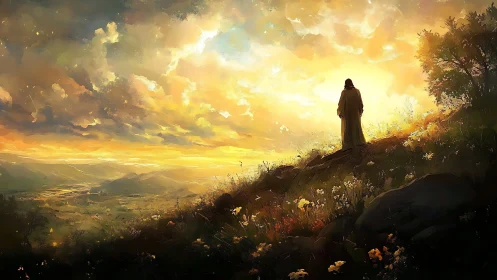 Solitary robed figure overlooks radiant sunrise valley
