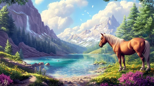 Sunlit chestnut horse surveys alpine lake in digital realism