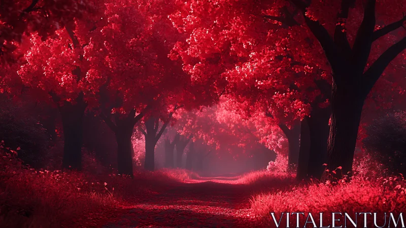 Crimson trees quietly braid a glowing path into soft mist