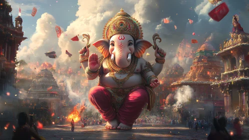 Ganesha figure above temple festival scene with crowd below.