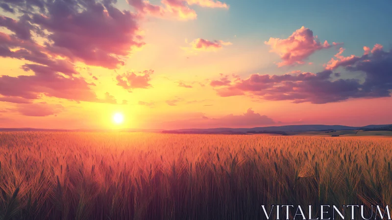 Sunset brushes a wheat ocean with molten pastel light