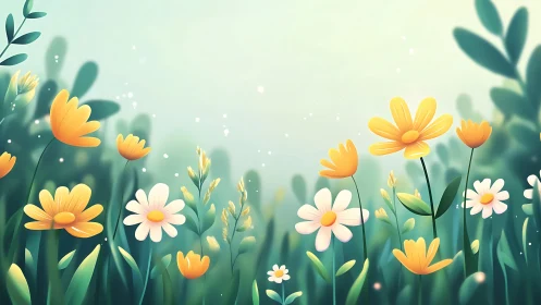 Soft spring meadow blooms glow in gentle morning light