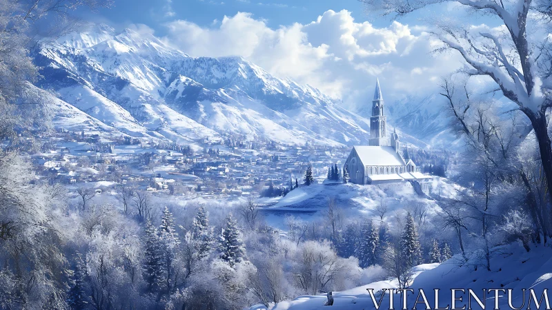 Winterlit hilltop church watching over a silver valley.