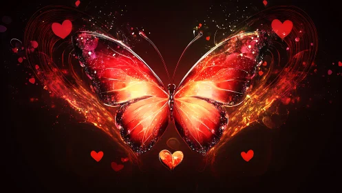 Red butterfly silhouette glows amid swirling heart shapes