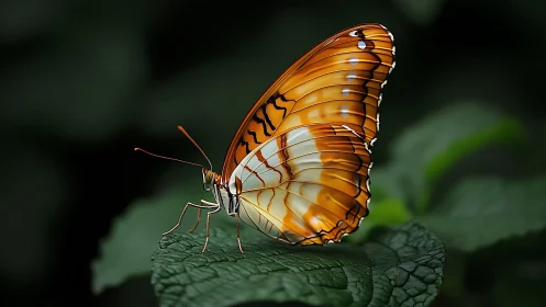 Copper-wing butterfly poised on leaf in deep green bokeh.