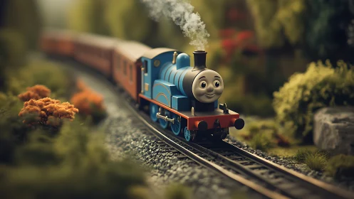 Smiling blue toy steam train on curved garden track.