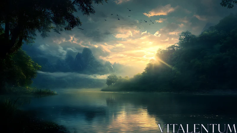 Backlit misty mountains over reflective river at low sunrise