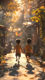 Sunlit childhood stroll with two friends hand in hand.