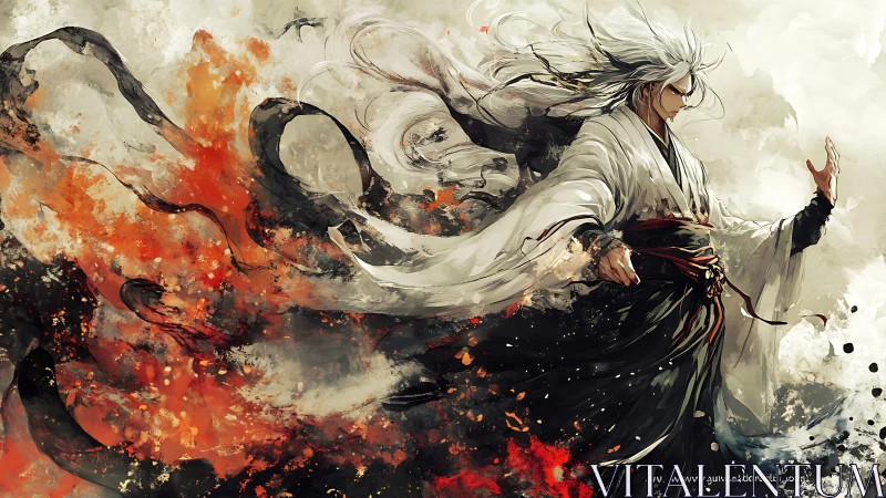 Storm-wreathed warrior commands swirling elemental fire and ash