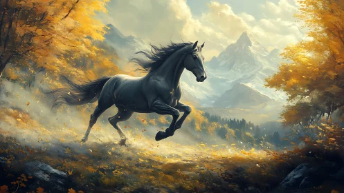 Gray horse in motion across autumn forest valley landscape.