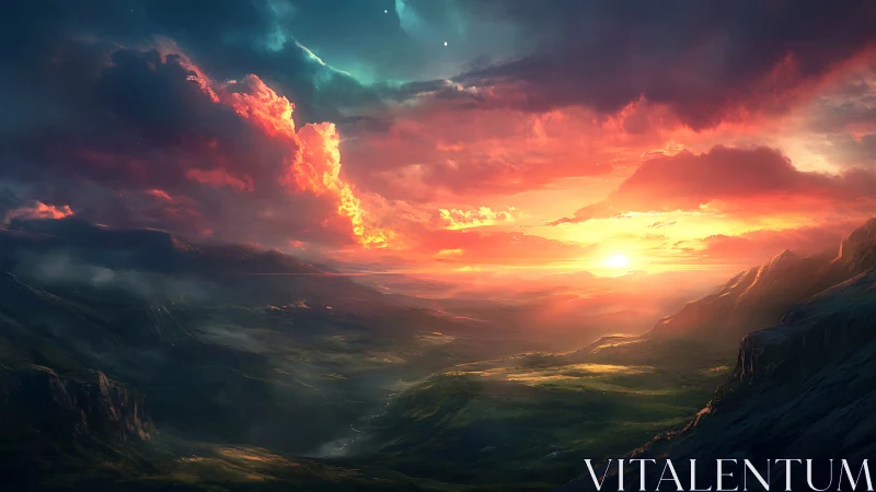 Volumetric sunset over mountainous valley with atmospheric scattering