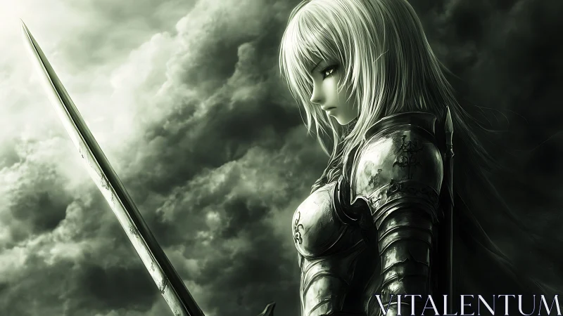 Monochrome anime knight in ornate plate armor, sword drawn