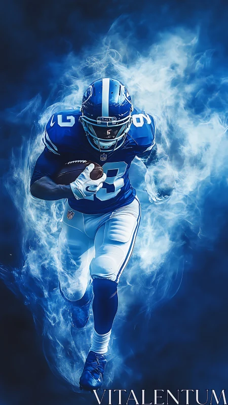 Electric gridiron runner in blue vapor surge portrait.