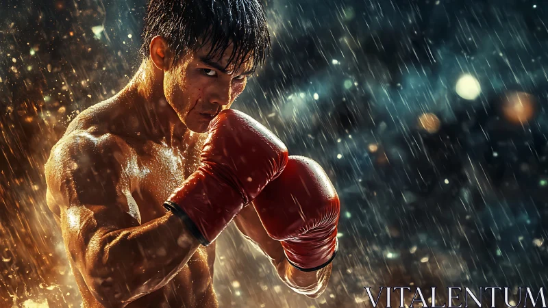 Boxer in Combat Stance with Golden Particle Effects and Rain