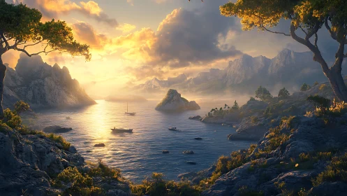 Golden Hour Coastal Escape with Anchored Boats.
