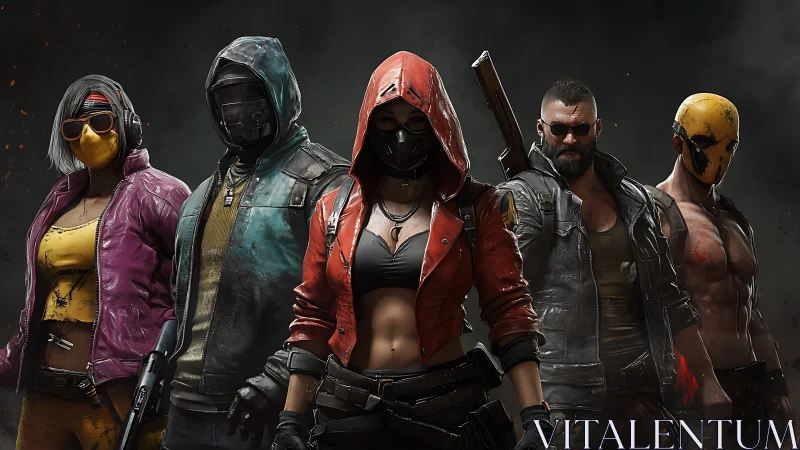 Masked urban combatants in stylized dystopian lineup.