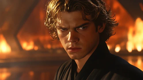 Photorealistic dramatic portrait with cinematic fire backlight.