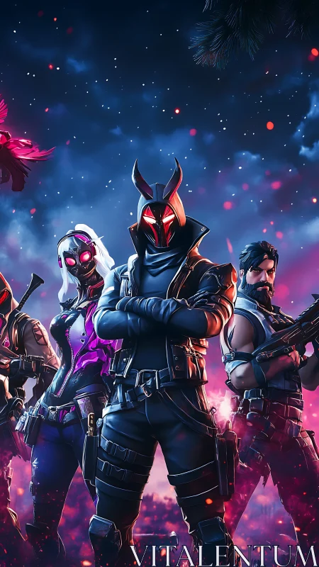 Armored neon strike squad in cinematic battle-ready stance