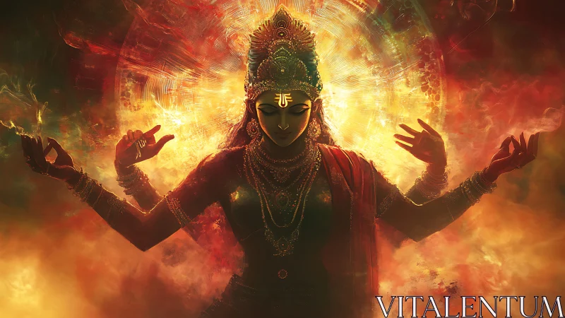 Divine goddess silhouette within radiant cosmic fire halo.