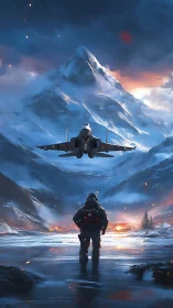 Snow-crowned titan judges pilot and jet in burning valley