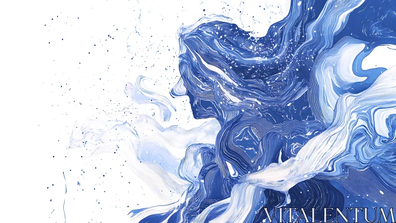Abstract blue figure formed by layered fluid lines and swirls.