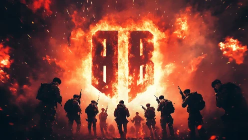 Soldiers advance toward central flaming emblem in battlefield scene