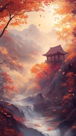 Autumn mountain stream with distant pagoda at sunrise.