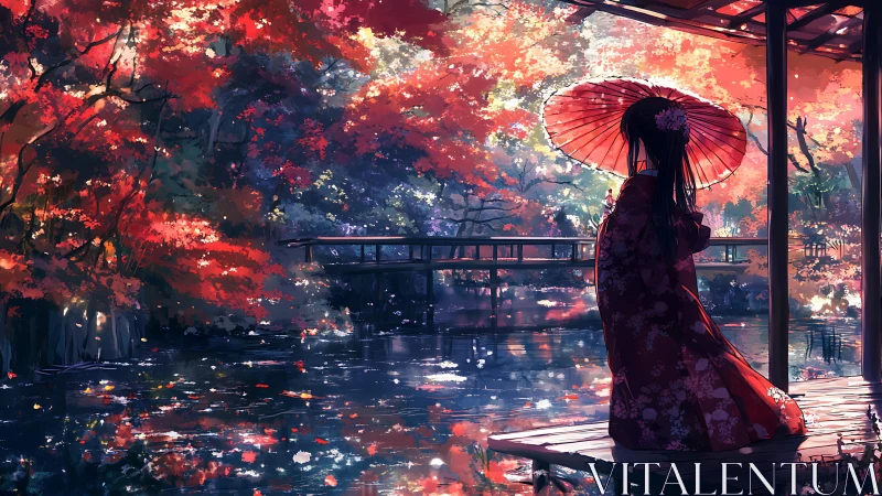 Woman in kimono with parasol observes autumn pond scene