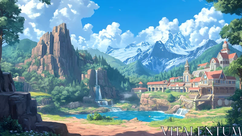 Sunlit academy nestles beneath crystal mountain peaks.