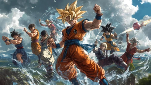 Multiple martial artists advance across water in dynamic formation