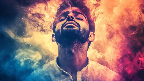 Portrait in molten duotone nebula light and rising smoke.