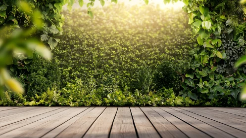 Timber deck foreground framing sunlit vertical garden enclosure.