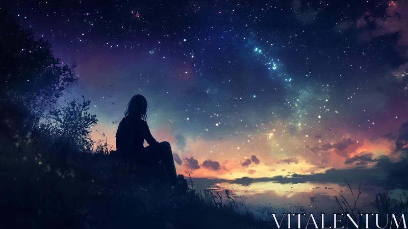 Silhouetted figure observing nebula-rich twilight night sky