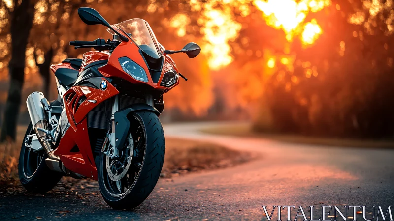 Sport motorcycle stands on curved road at warm sunset