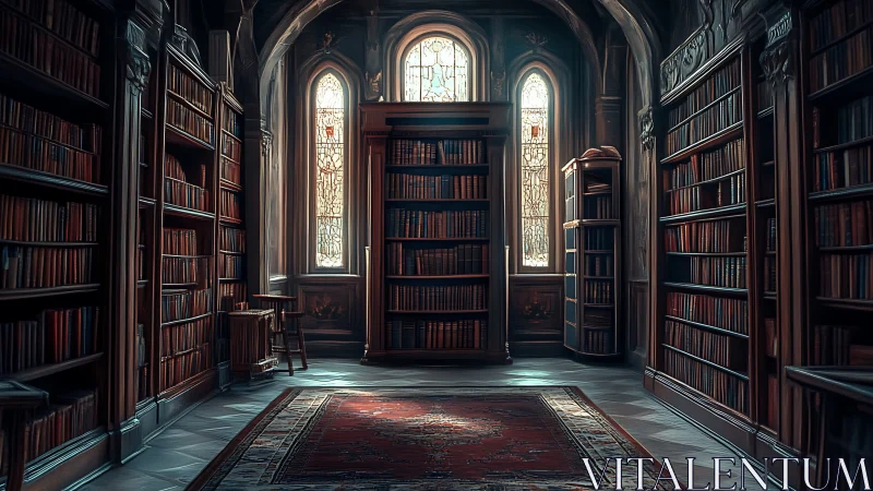 Gothic library interior with glowing stained glass windows.