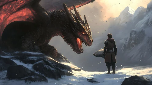 Dragon confrontation in luminous snowy mountain pass.