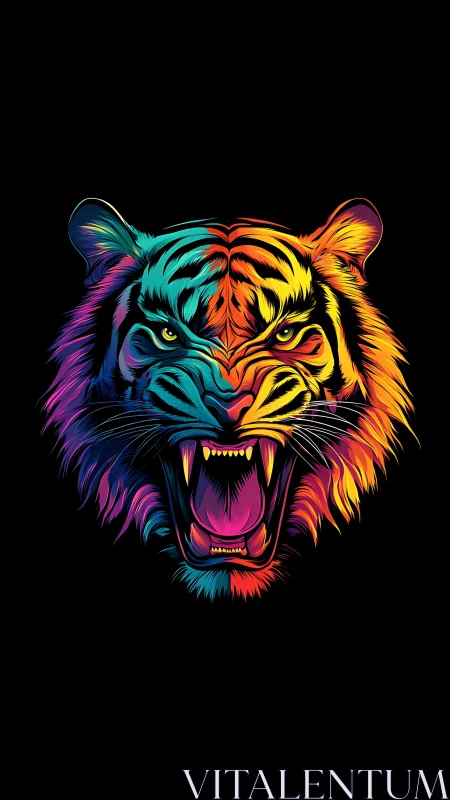 Roaring neon tiger head on black background artwork.