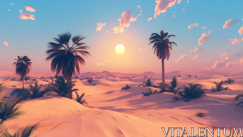 Palm-dotted desert dunes under low sun and clear sky.