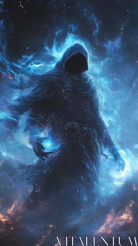 Cosmic hooded sorcerer emerges from swirling blue nebula