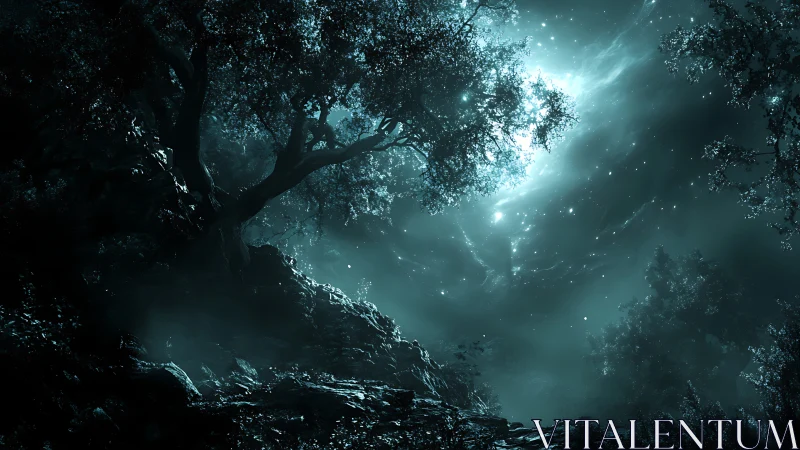 Moonlit enchanted forest glows under swirling starry mist.