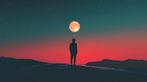 Quiet moonlit wanderer under a dreamy red twilight sky.
