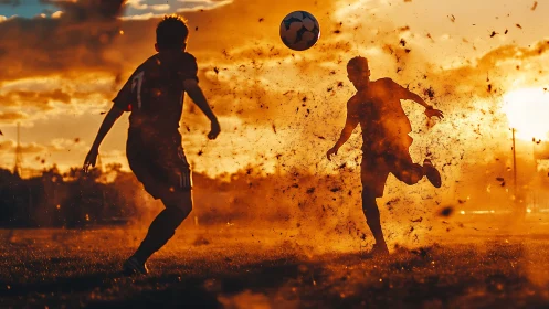 Silhouetted soccer players contest ball in dusty sunset field.