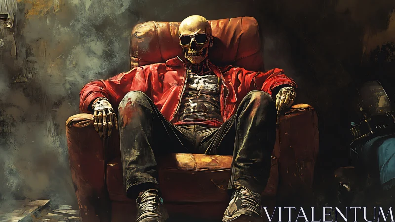 Skeleton in red jacket sits in worn armchair in dim room